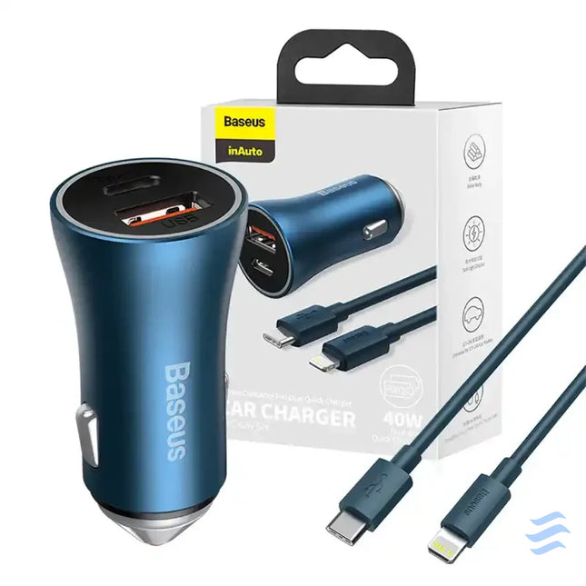 Baseus Golden Contactor Pro car charger USB + USB C QC4.0 + PD SCP 40W (blue) + USB C Lightning cable 1m (blue) Car