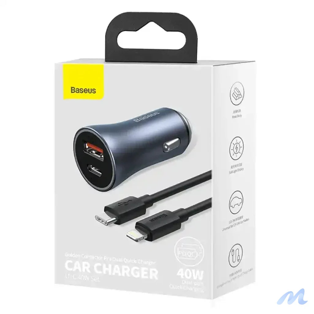 Baseus Golden Contactor Pro Car Charger USB + USB-C, QC4.0+, PD, SCP, 40W (gray) + Cable USB-C do iP 1m (black)