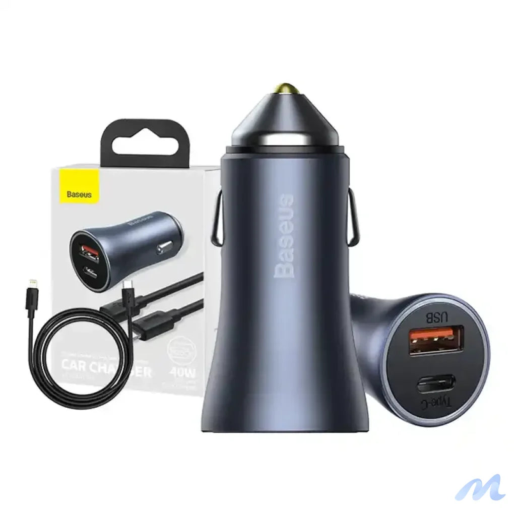 Baseus Golden Contactor Pro Car Charger USB + USB-C, QC4.0+, PD, SCP, 40W (gray) + Cable USB-C do iP 1m (black)
