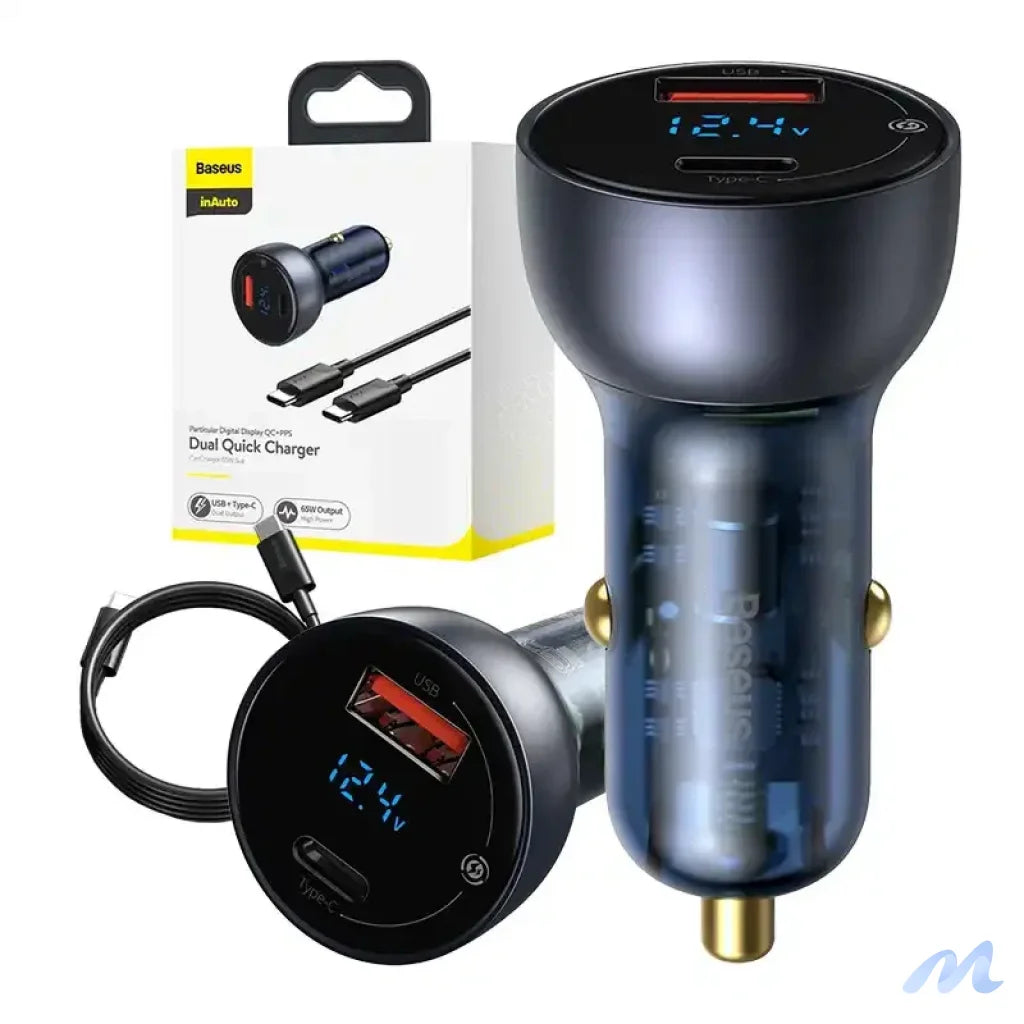 Baseus Particular Digital Display Car Charger , USB + USB-C, QC3.0+PD, 5A, 65W (gray) + Cable USB-C 1m 100W (black)