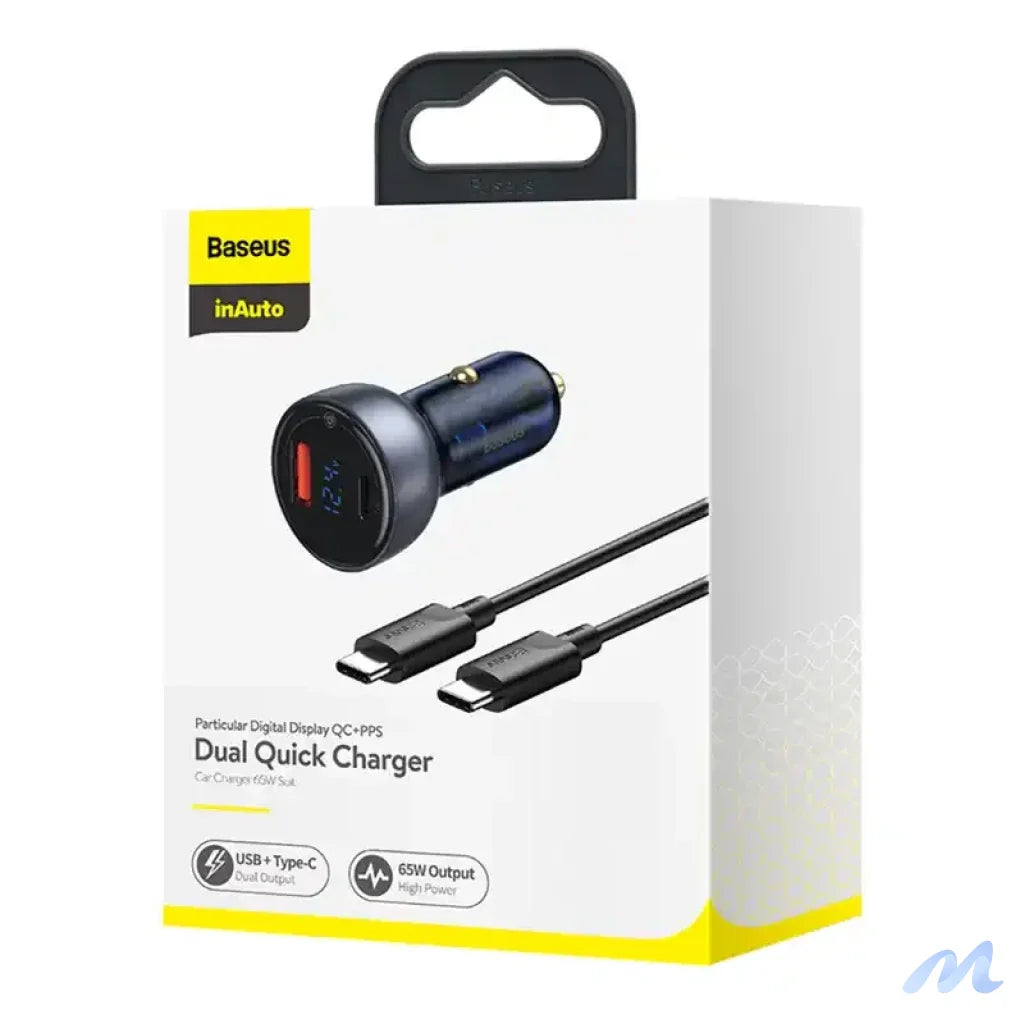 Baseus Particular Digital Display Car Charger , USB + USB-C, QC3.0+PD, 5A, 65W (gray) + Cable USB-C 1m 100W (black)