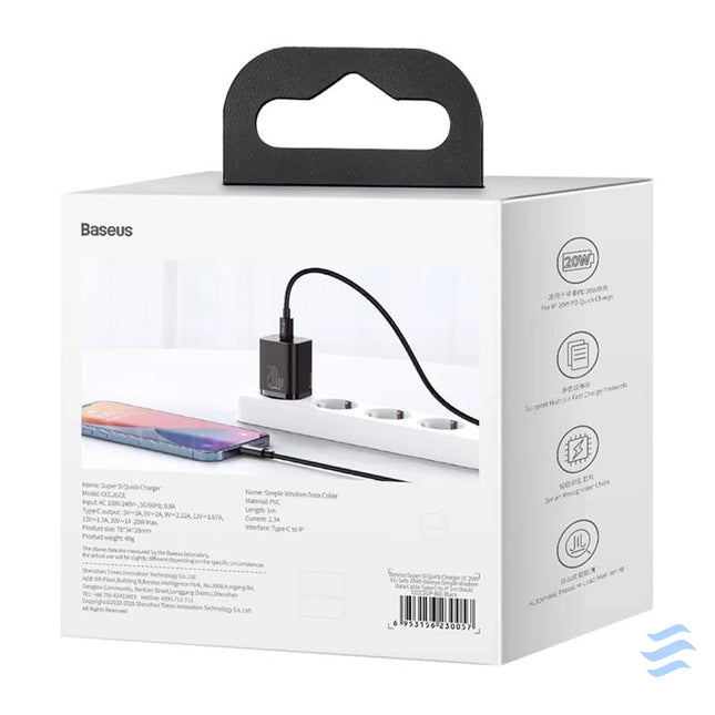 Baseus Super Si Quick Charger 1C 20W with USB C cable for Lightning 1m (black) mains chargers