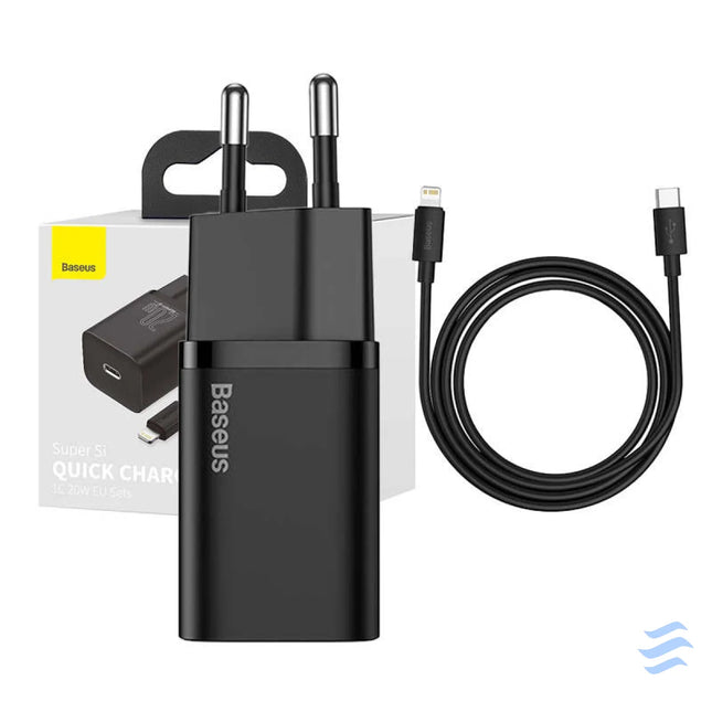 Baseus Super Si Quick Charger 1C 20W with USB C cable for Lightning 1m (black) mains chargers