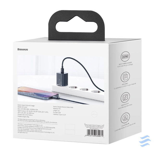 Baseus Super Si Quick Charger 1C 20W with USB C cable for Lightning 1m (blue) mains chargers