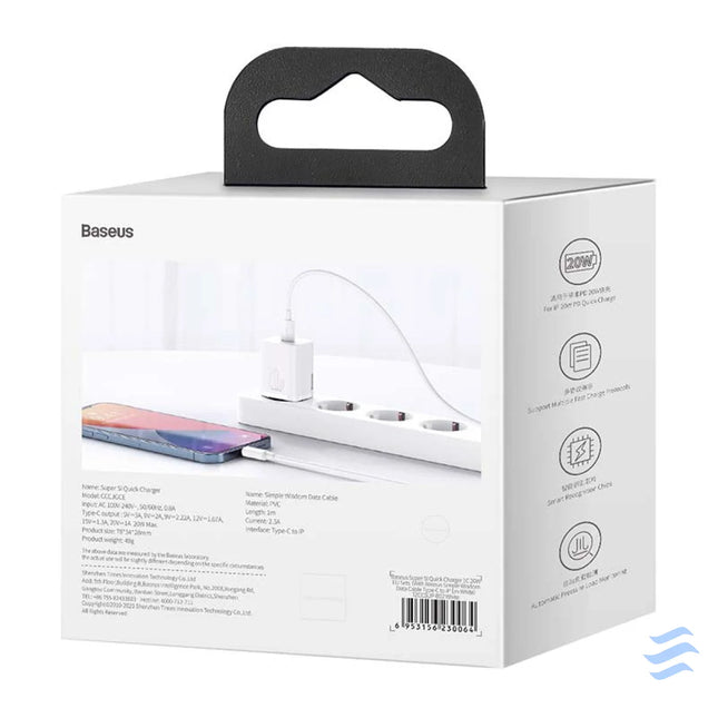 Baseus Super Si Quick Charger 1C 20W with USB C cable for Lightning 1m (white) mains chargers