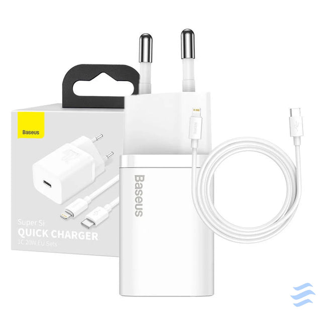 Baseus Super Si Quick Charger 1C 20W with USB C cable for Lightning 1m (white) mains chargers