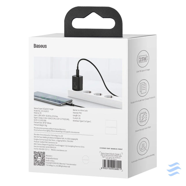 Baseus Super Si Quick Charger 1C 25W with USB C cable for USB C 1m (black) mains chargers