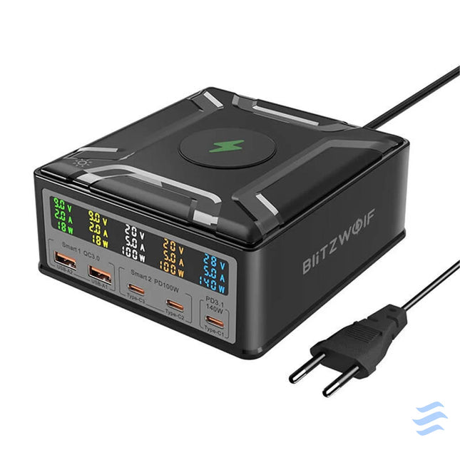 Blitzwolf BW S28 260W 2xUSB A 3xUSB C 15W wireless charger (black) mains chargers