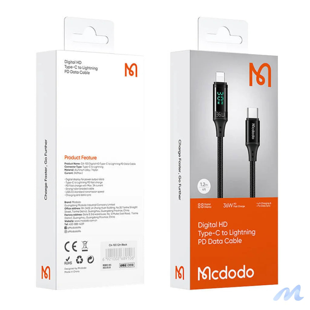 Cable Mcdodo CA-1030 USB-C to Lightning, 36W, 1.2m (black)