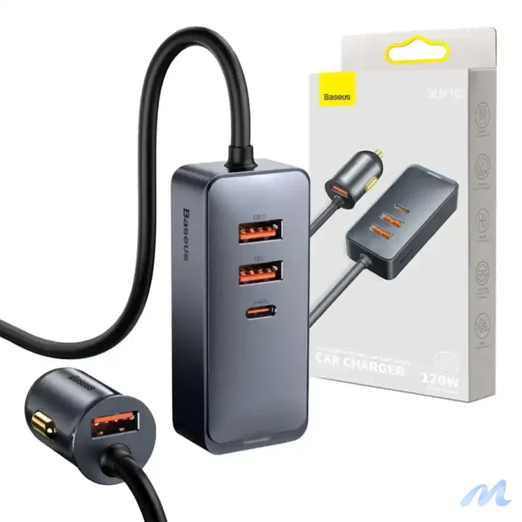 Car charger Baseus Share Together with extension cord, 3x USB, USB-C, 120W (grey)