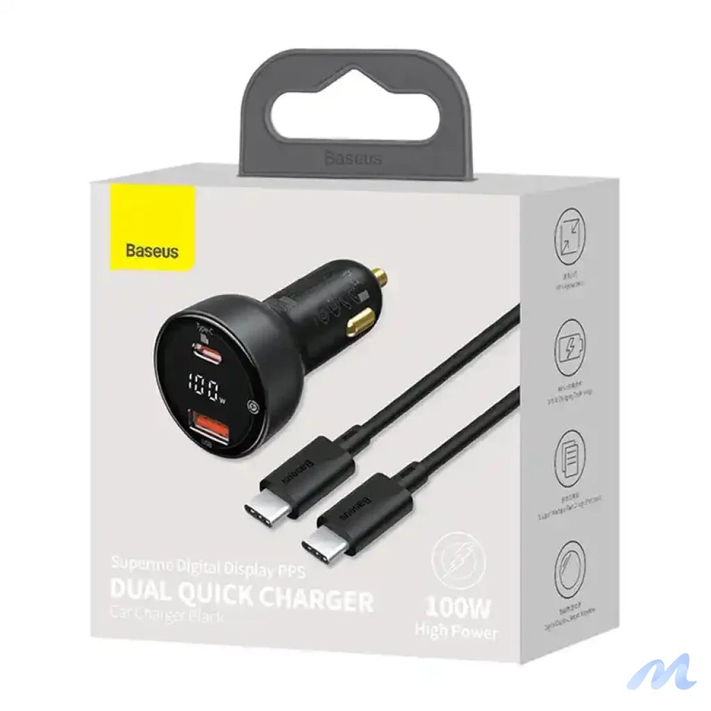 Car charger Baseus Superme, USB, USB-C, 100W + USB-C cable (black)