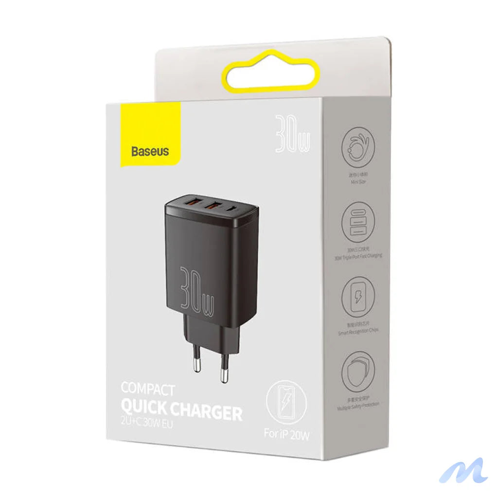 Charger Baseus Compact Quick Charger, 2xUSB, USB-C, PD, 3A, 30W (czarna)
