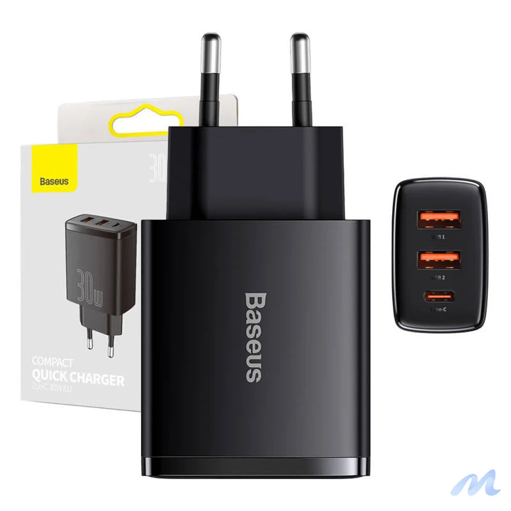 Charger Baseus Compact Quick Charger, 2xUSB, USB-C, PD, 3A, 30W (czarna)