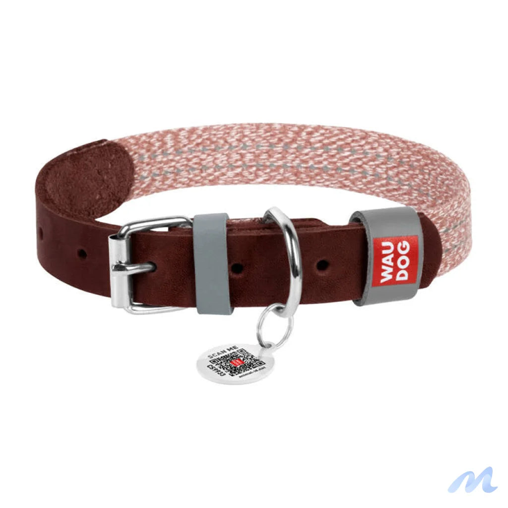 Dog collar made of natural leather and recycled material with QR code Waudog size L, width 25 mm, brown