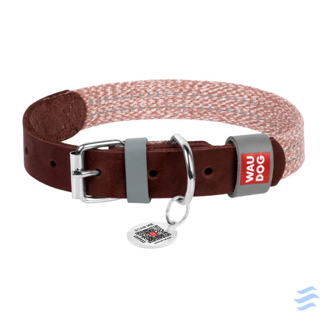 Dog collar made of natural leather and recycled material with QR code Waudog size L width 25 mm brown Walking and