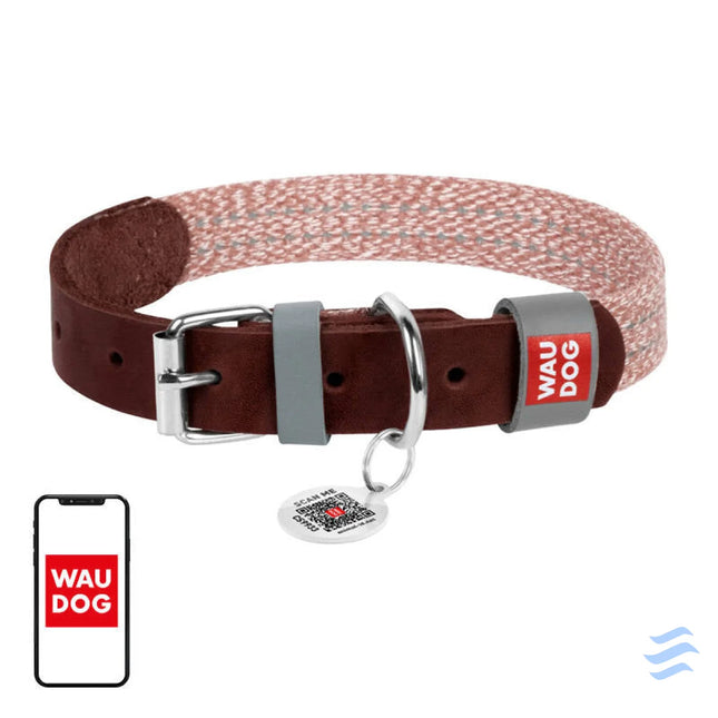 Dog collar made of natural leather and recycled material with QR code Waudog size M width 20 mm brown Walking and
