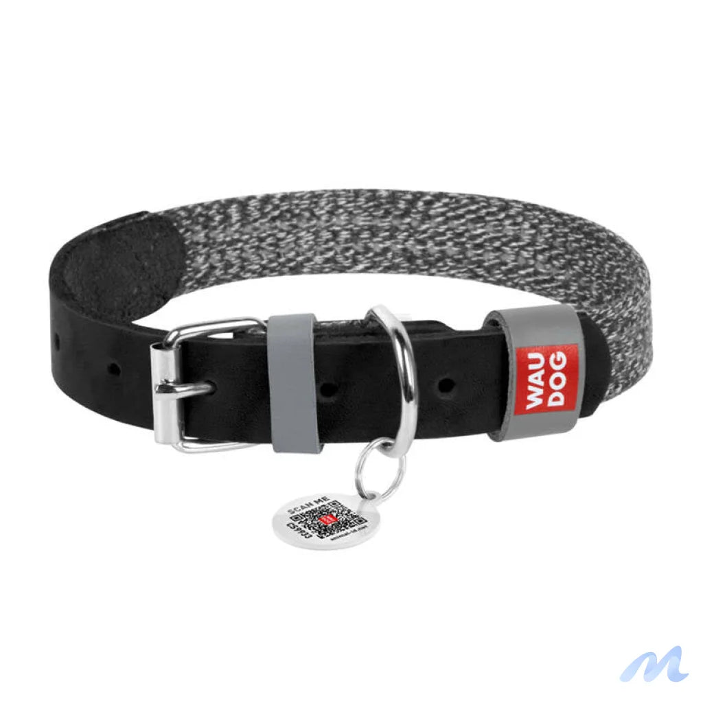 Dog collar made of natural leather and recycled material with QR code Waudog size S, width 15 mm, black