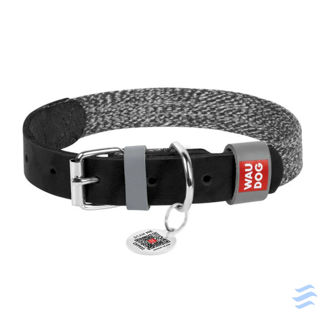 Dog collar made of natural leather and recycled material with QR code Waudog size S width 15 mm black Walking and
