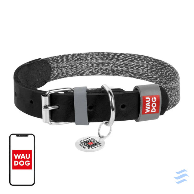 Dog collar made of natural leather and recycled material with QR code Waudog size S width 15 mm black Walking and