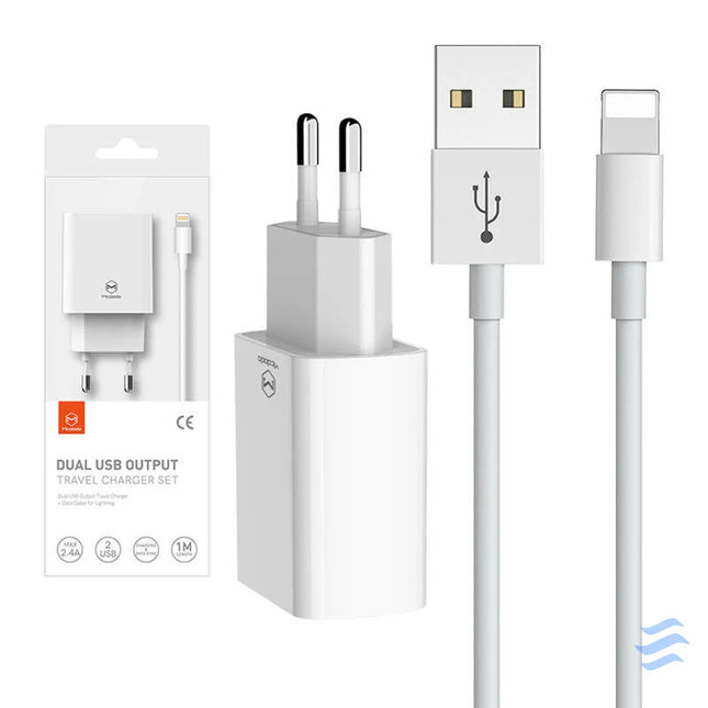 Dual USB charger Mcdodo CH 6720 (EU) Lightning 1m Travel set (white) mains chargers