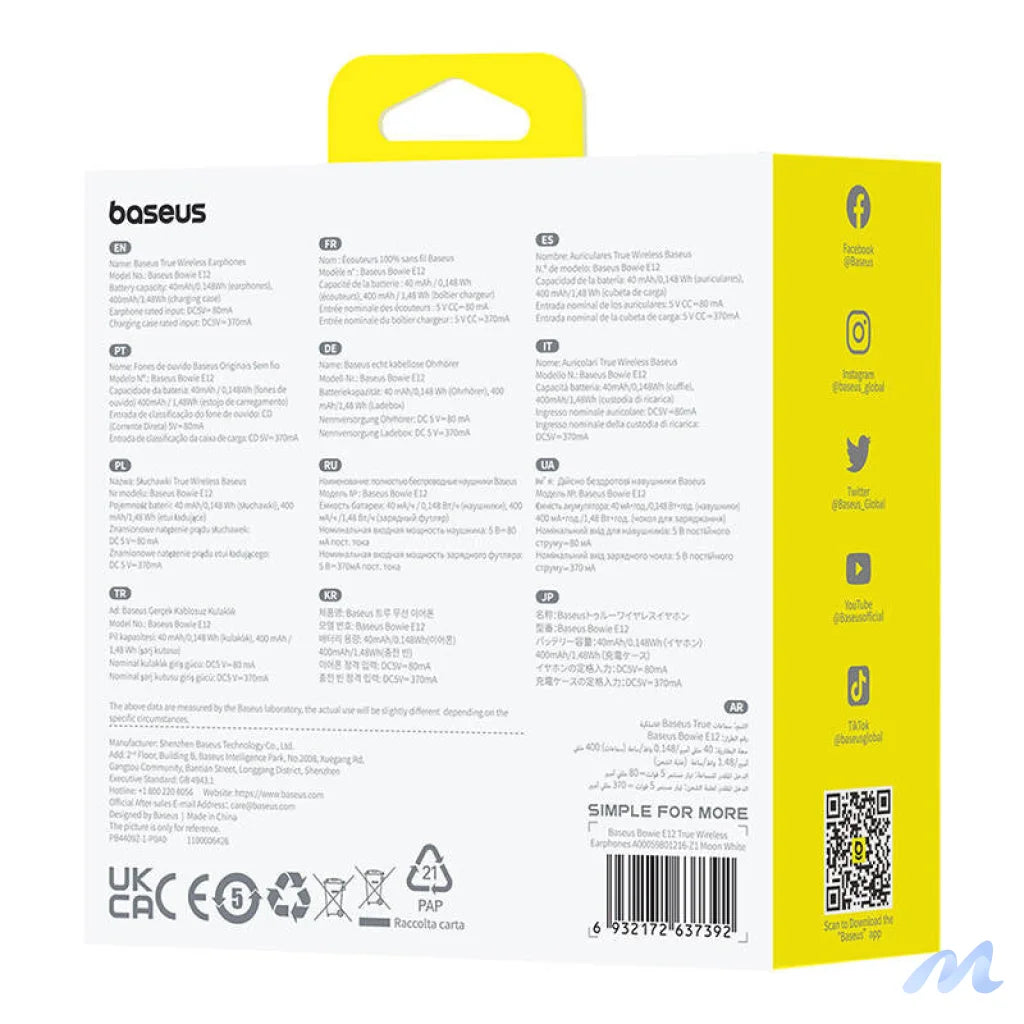 Earphones TWS Baseus Bowie E12 (white)