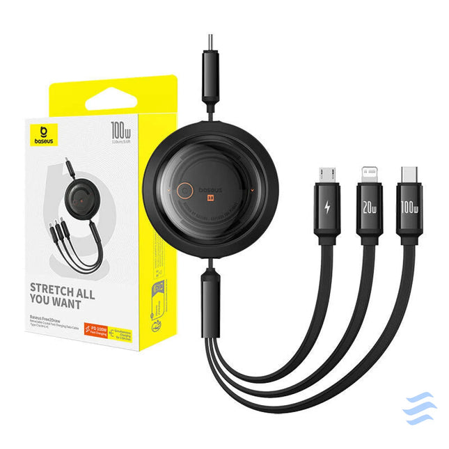 Fast Charging Cable 3in1 Baseus Free2Draw USB C to USB C/Lightning/Micro 100W 1,1m (black) Combo Cables