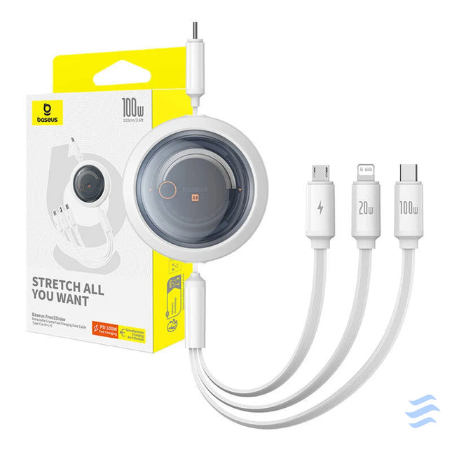 Fast Charging Cable 3in1 Baseus Free2Draw USB C to USB C/Lightning/Micro 100W 1,1m (white) Combo Cables
