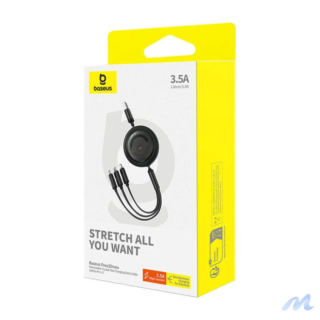 Fast Charging Cable 3in1 Baseus Free2Draw, USB to micro USB+USB-C+Lightning, 3.5A, 1.1m (black)