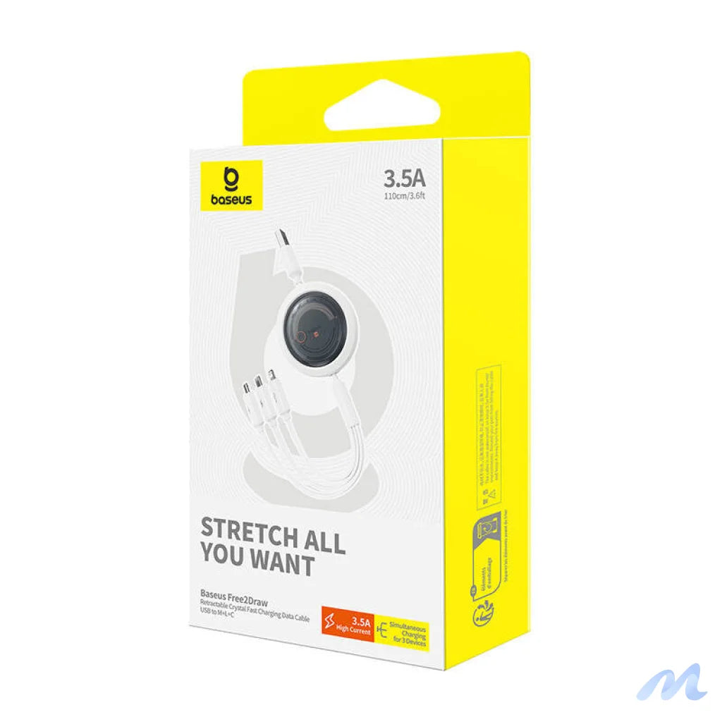 Fast Charging Cable 3in1 Baseus Free2Draw, USB to micro USB+USB-C+Lightning, 3.5A, 1.1m (white)