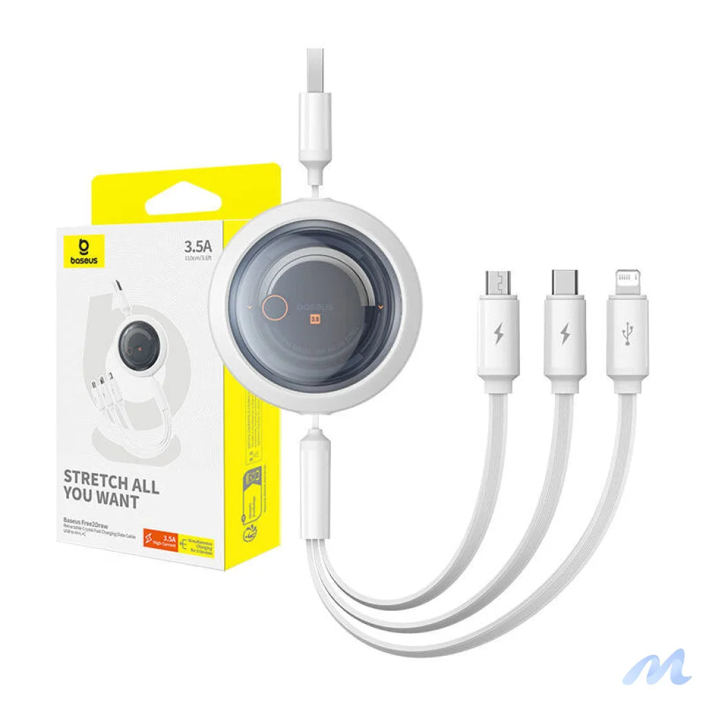 Fast Charging Cable 3in1 Baseus Free2Draw, USB to micro USB+USB-C+Lightning, 3.5A, 1.1m (white)