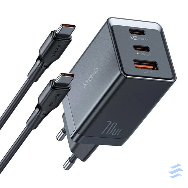 GaN Mcdodo CH 1543 network charger 2x USB C 1x USB 67W + USB C to USB C 2m cable (black) mains chargers