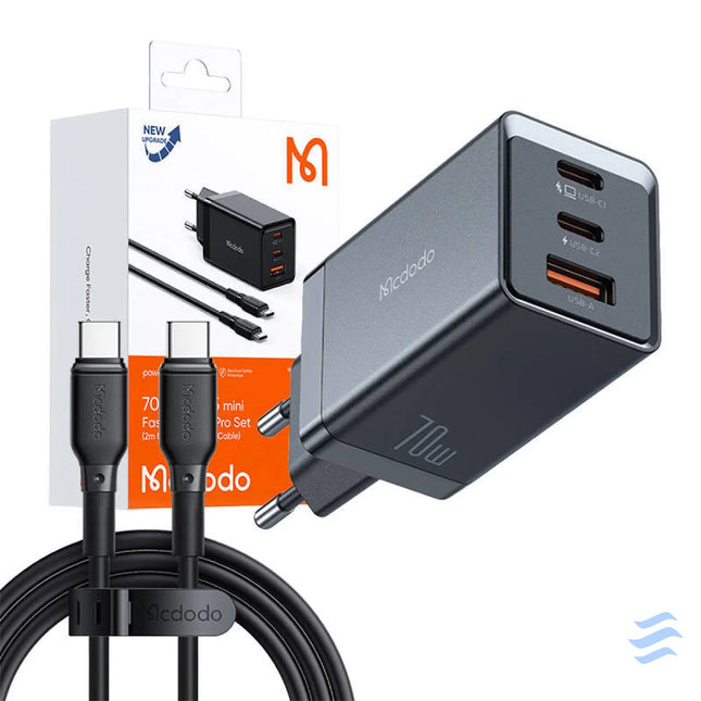 GaN Mcdodo CH 1543 network charger 2x USB C 1x USB 67W + USB C to USB C 2m cable (black) mains chargers