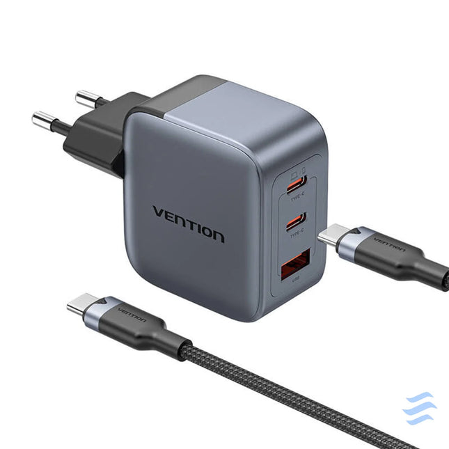 GaN Vention USB C + C + A 70W Charger + USB C C Cable 1m (Gray) mains chargers