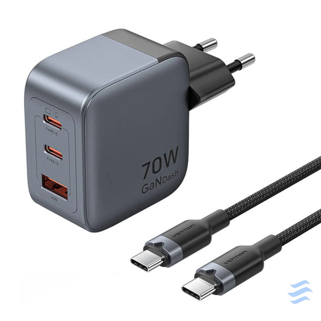 GaN Vention USB C + C + A 70W Charger + USB C C Cable 1m (Gray) mains chargers