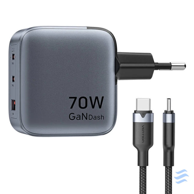GaN Vention USB C + C + A 70W Charger + USB C C Cable 1m (Gray) mains chargers
