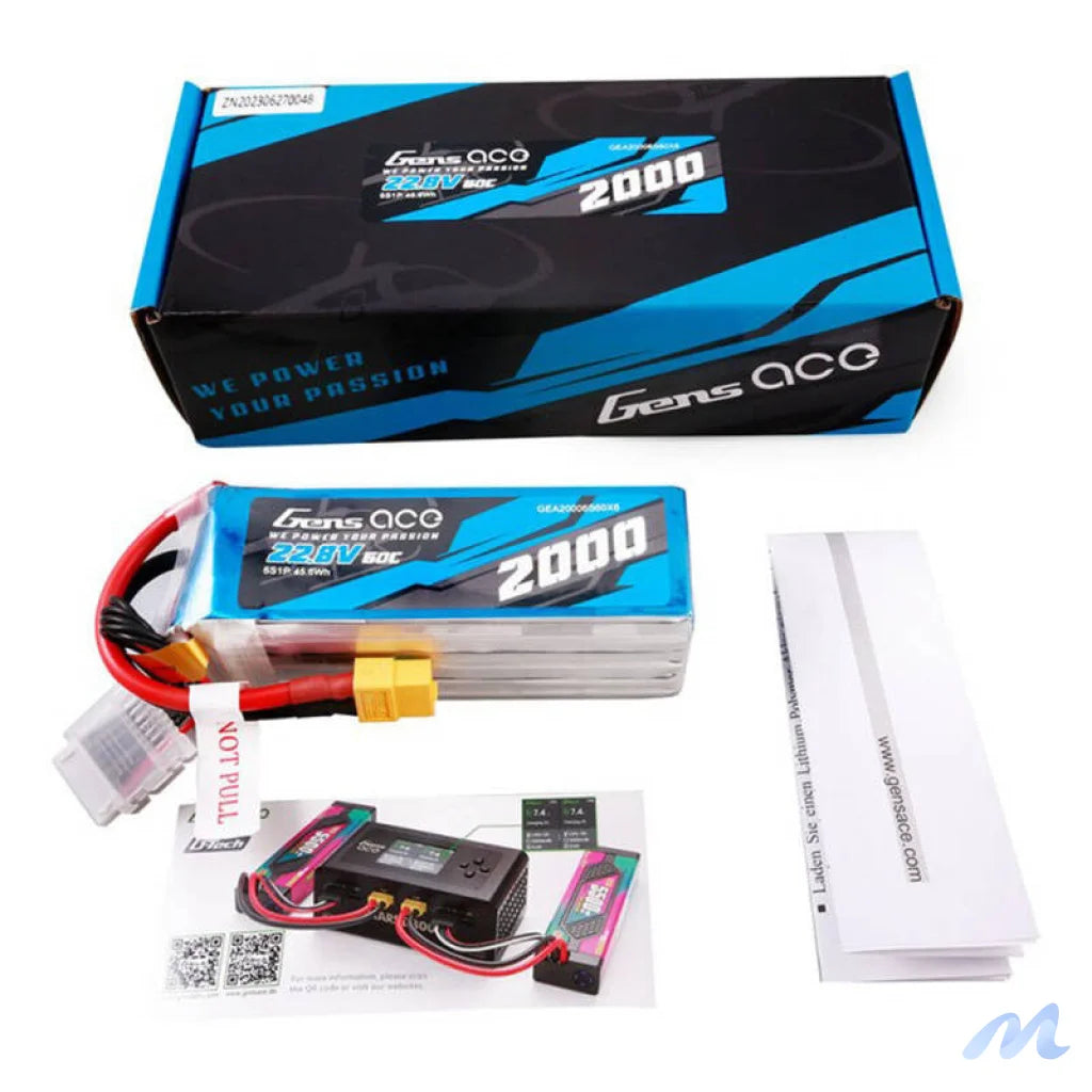 Gens ace 2000mAh 22.8V 60C 6S1P High Voltage Lipo Battery Pack with XT60 Plug