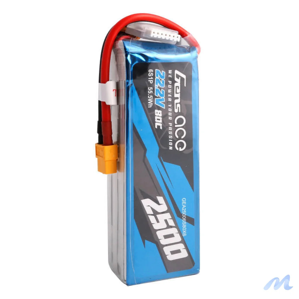 Gens ace 2500mAh 22.2V 80C 6S1P Lipo Battery Pack with XT60 plug