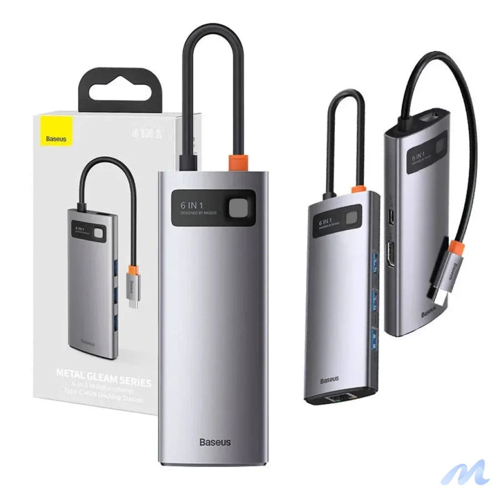 Hub 6in1 Baseus Metal Gleam Series, USB-C to 3x USB 3.0 + HDMI + USB-C PD + Ethernet RJ45