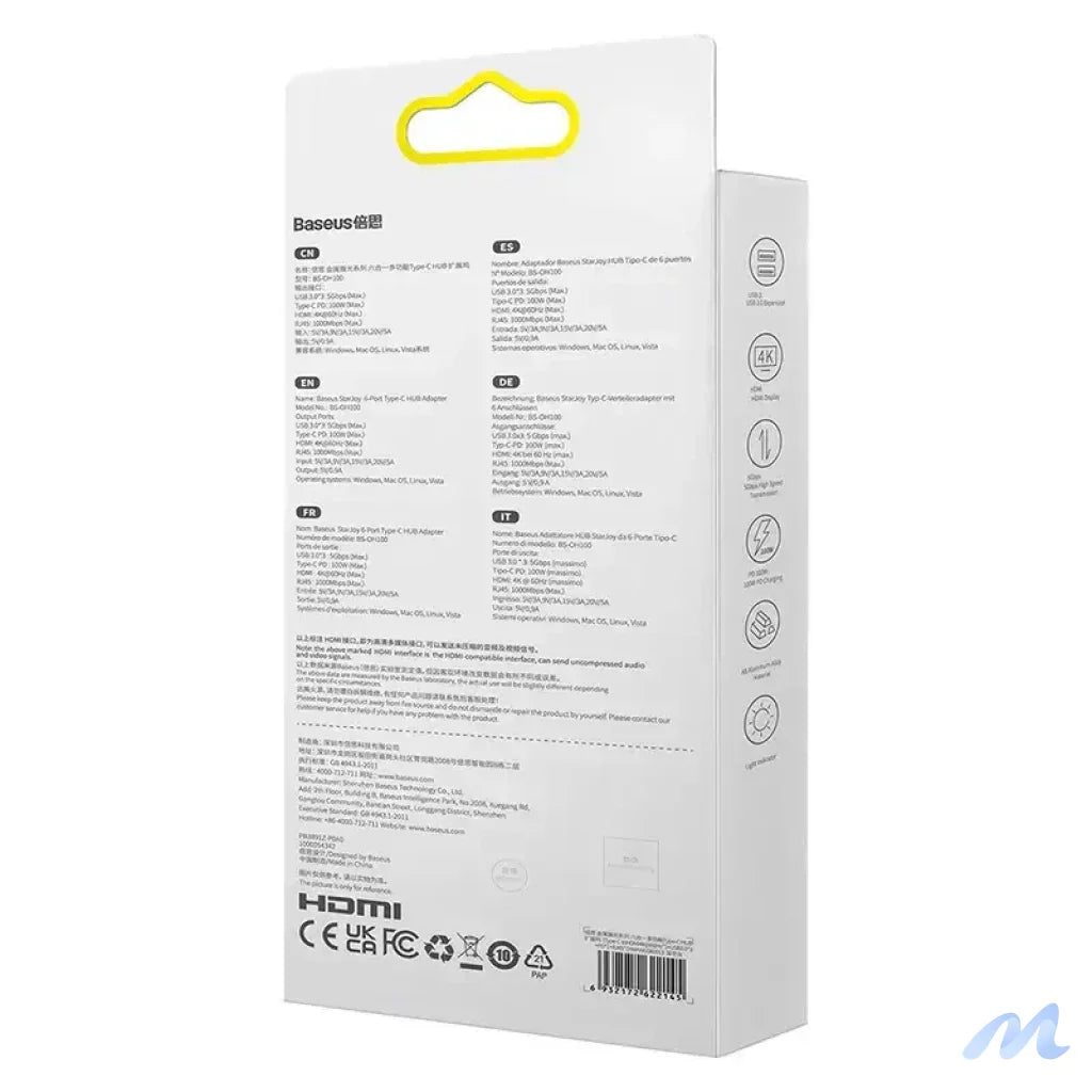 Hub 6in1 Baseus StarJoy Series, USB-C to 3x USB 3.0 + HDMI + USB-C PD + RJ45