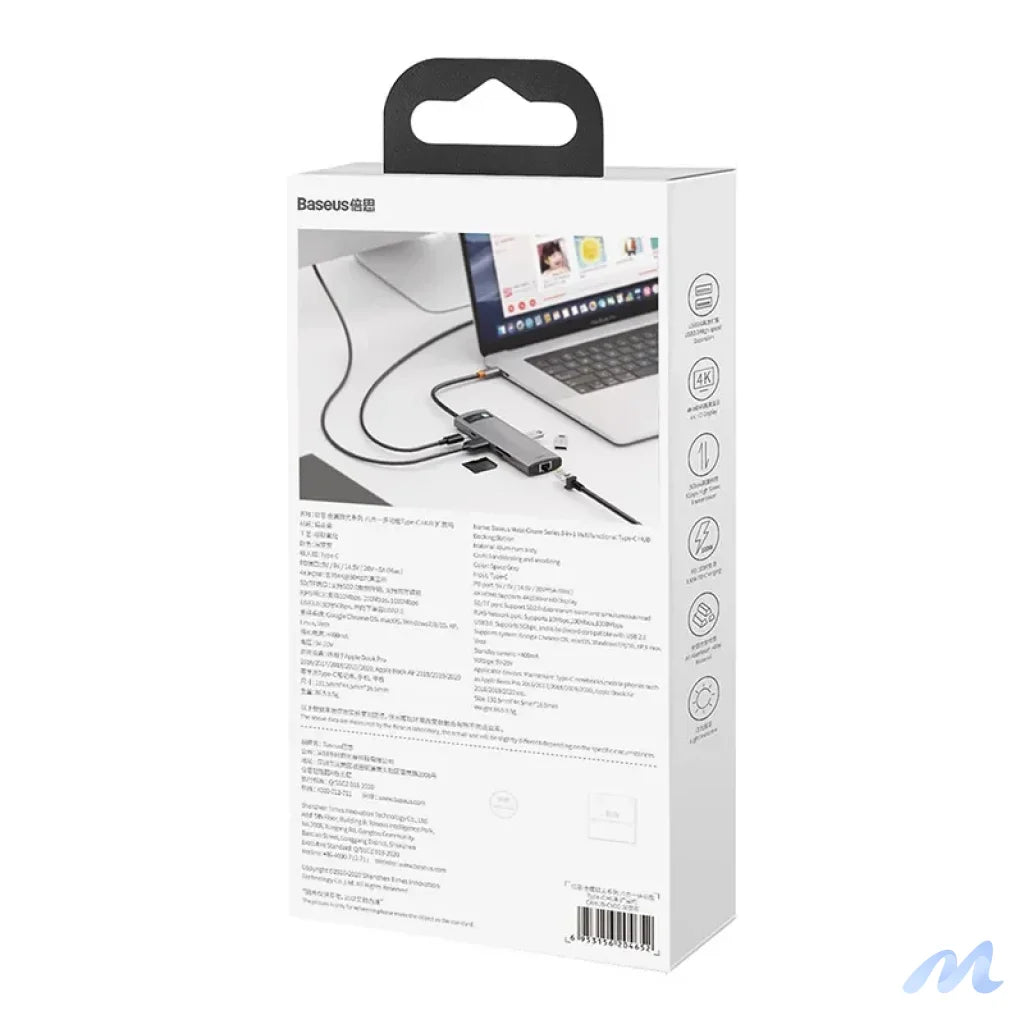 Hub 8in1 Baseus Metal Gleam Series, USB-C to 3x USB 3.0 + HDMI + USB-C PD + Ethernet RJ45 + microSD/SD