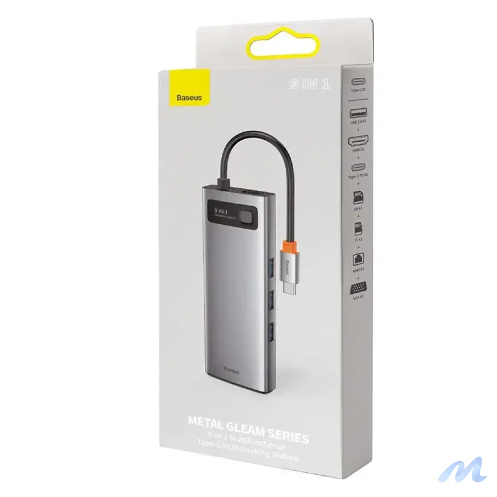 Hub 9in1 Baseus Metal Gleam Series, USB-C to 3x USB 3.0 + HDMI + USB-C PD + Ethernet RJ45 + microSD/SD + VGA