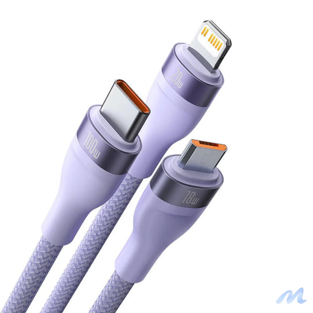 Kabel USB 3w1 Baseus Flash Series 2, USB-C + micro USB + Lightning, 100W, 1.5m (fioletowy)