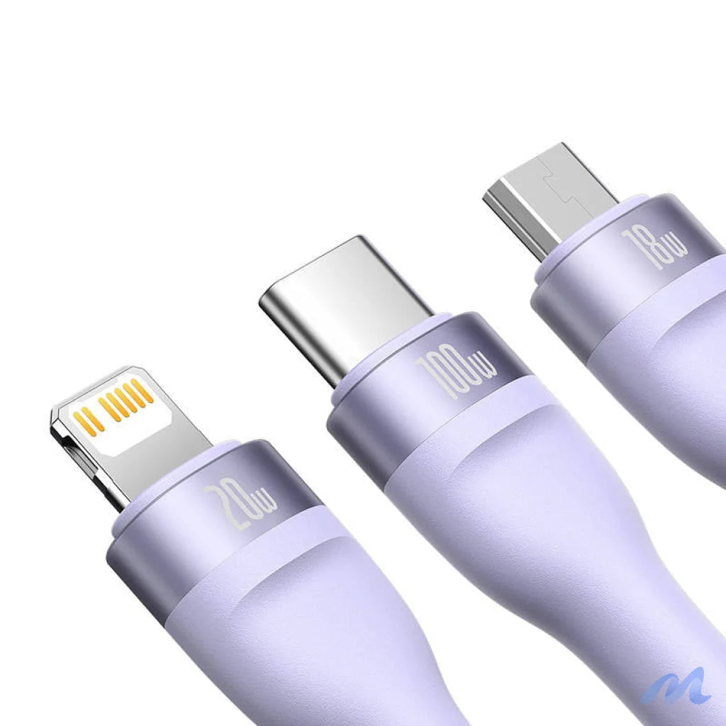 Kabel USB 3w1 Baseus Flash Series 2, USB-C + micro USB + Lightning, 100W, 1.5m (fioletowy)