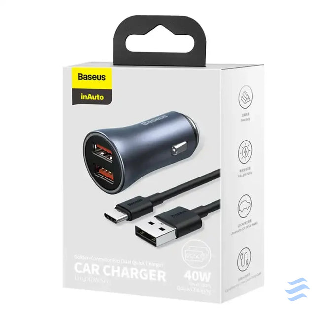 Ładowarka samochodowa Baseus Golden Contactor Pro 2x USB 40W (szara) + kabel USB do USB C 1m (czarny) Car chargers