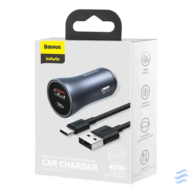 Ładowarka samochodowa Baseus Golden Contactor Pro USB + USB C QC4.0 + PD SCP 40W (szara) + kabel USB do USB C 1m