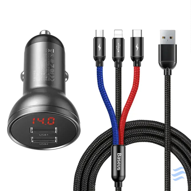 Ładowarka samochodowa Baseus z wyświetlaczem 24W + kabel USB 3w1 Baseus Three Primary Colors 1,2m Car chargers