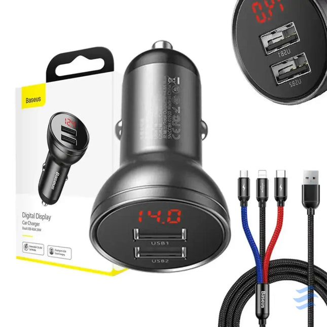 Ładowarka samochodowa Baseus z wyświetlaczem 24W + kabel USB 3w1 Baseus Three Primary Colors 1,2m Car chargers