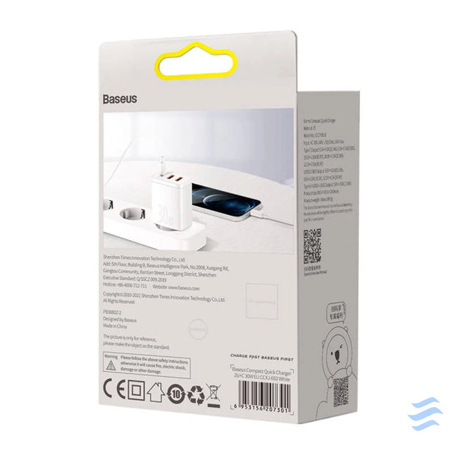 Ładowarka sieciowa Baseus Compact Quick Charger 2xUSB USB C PD 3A 30W (biała) mains chargers