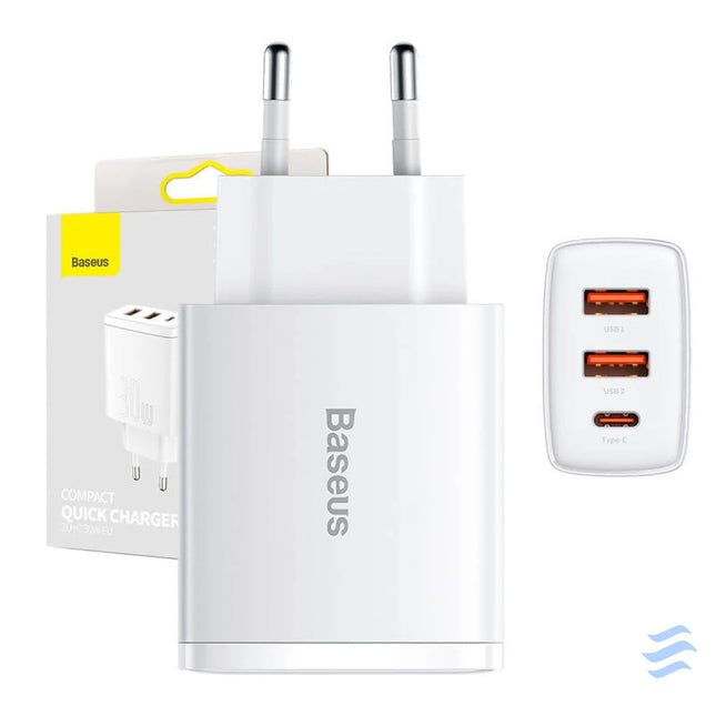 Ładowarka sieciowa Baseus Compact Quick Charger 2xUSB USB C PD 3A 30W (biała) mains chargers