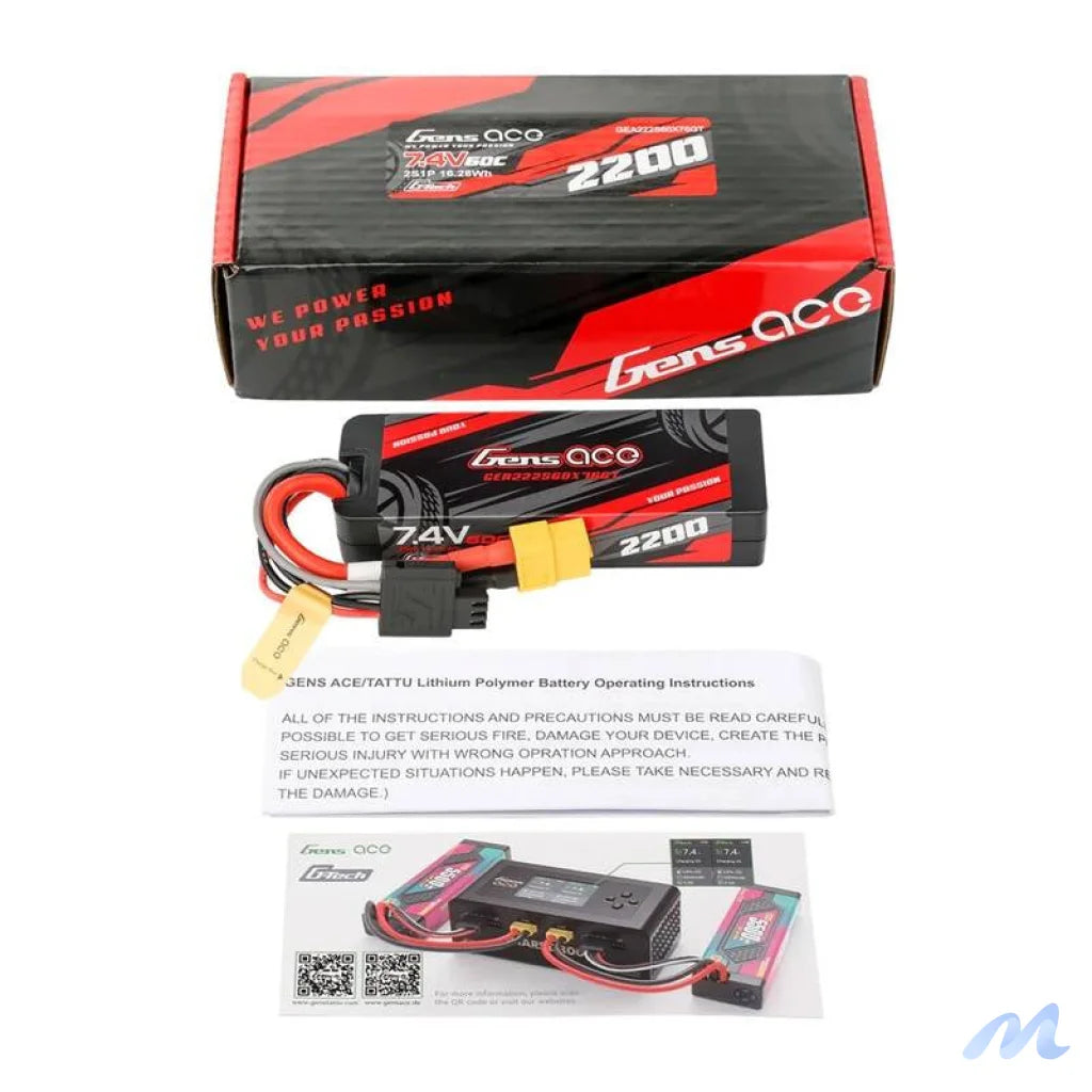 Lipo Gens ace G-Tech 2200mAh 7.4V 2S1P 60C GRP-76 Hardcase Battery with XT60 Plug